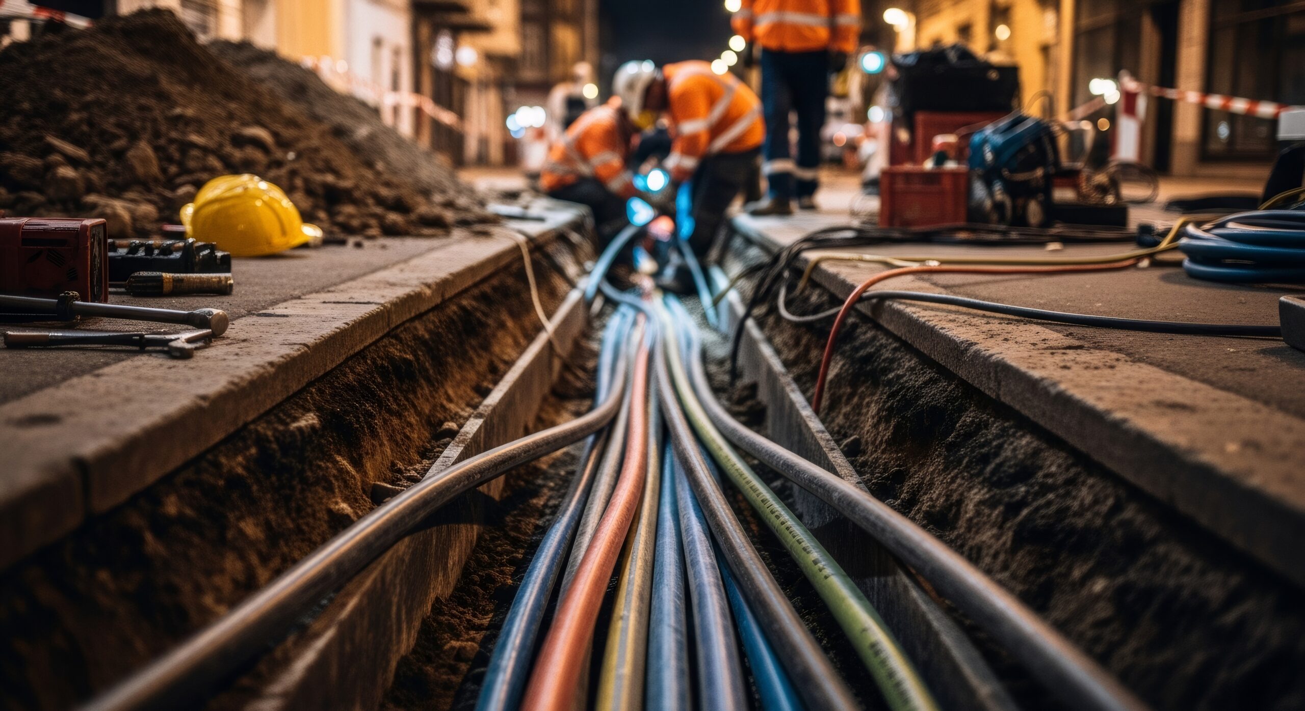 Opérateur de chantier en gilet haute visibilité contrôlant les travaux à proximité de réseaux enterrés dans le cadre de l’AIPR