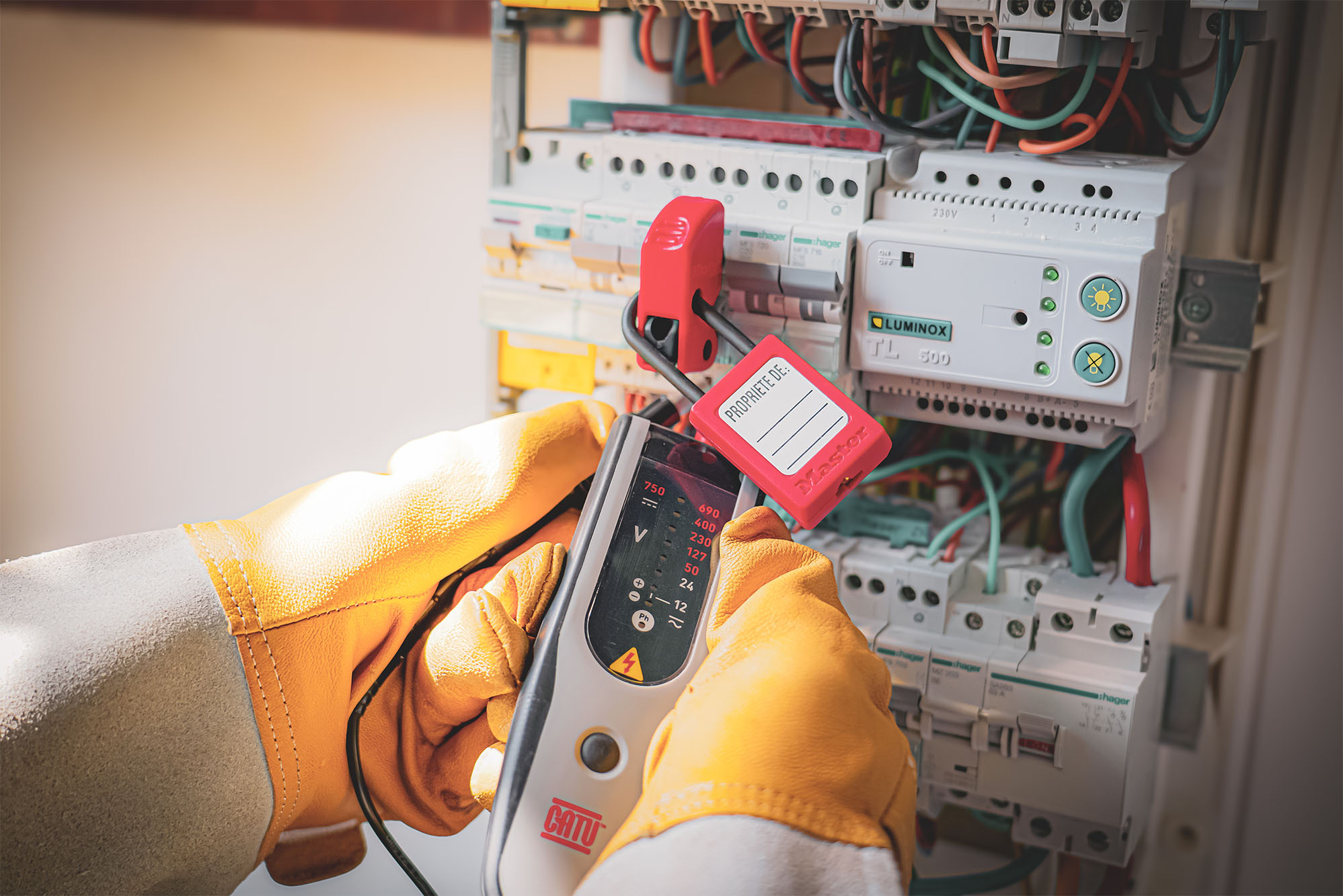 Électricien en formation B1V B2V BR BC chez Si2P, réalisant une intervention électrique en sécurité.